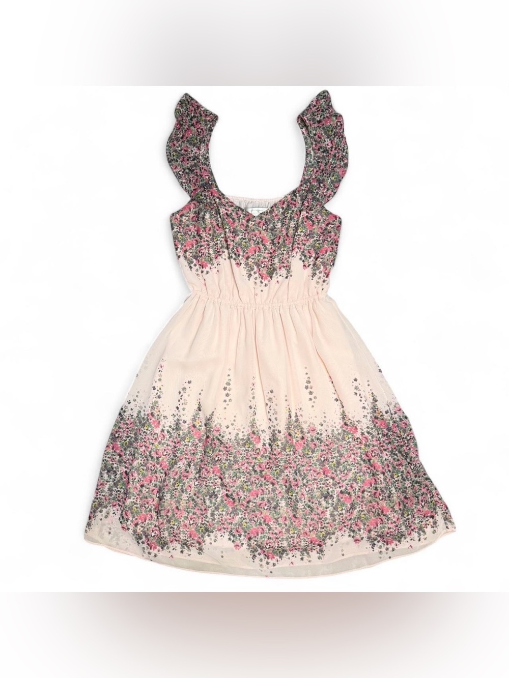 Pink Lauren Conrad v-neck floral XS dress with ruffle sleeves and a flowy skirt